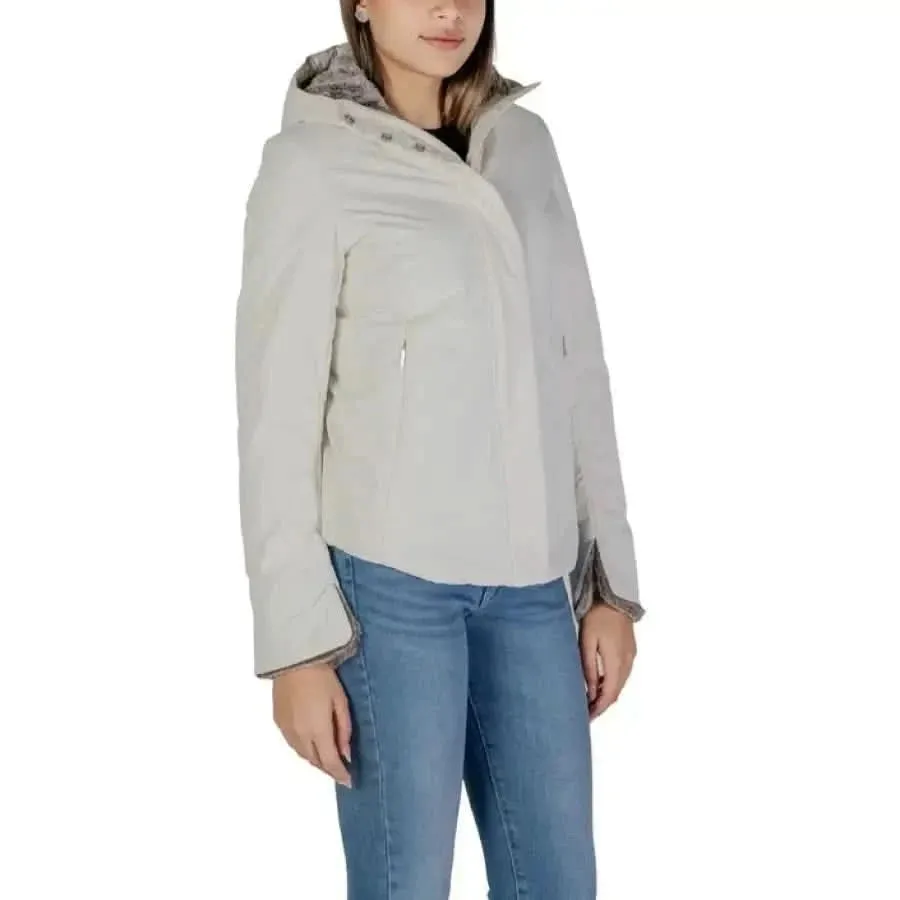 Beige Turtleneck Hooded Jacket with Zip and Front Pockets