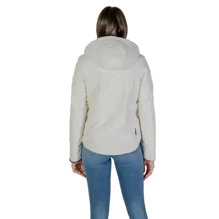 Beige Turtleneck Hooded Jacket with Zip and Front Pockets