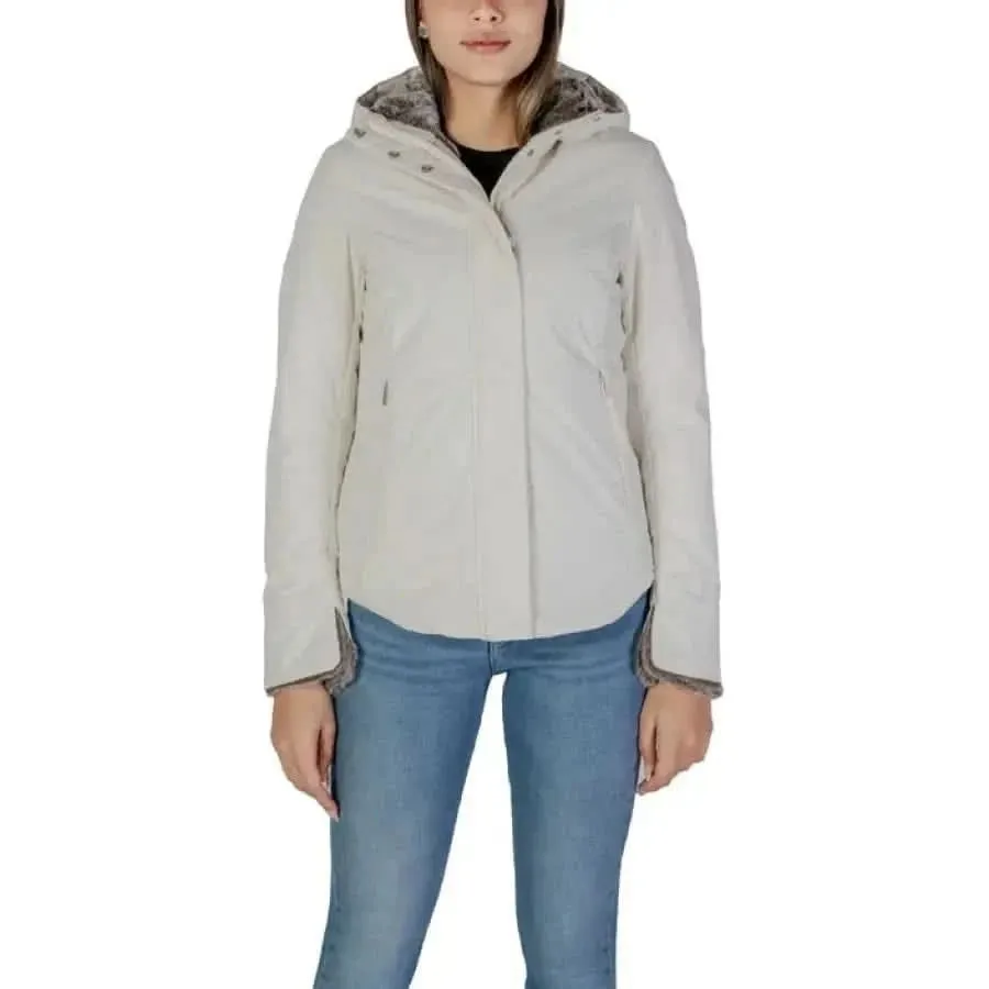 Beige Turtleneck Hooded Jacket with Zip and Front Pockets