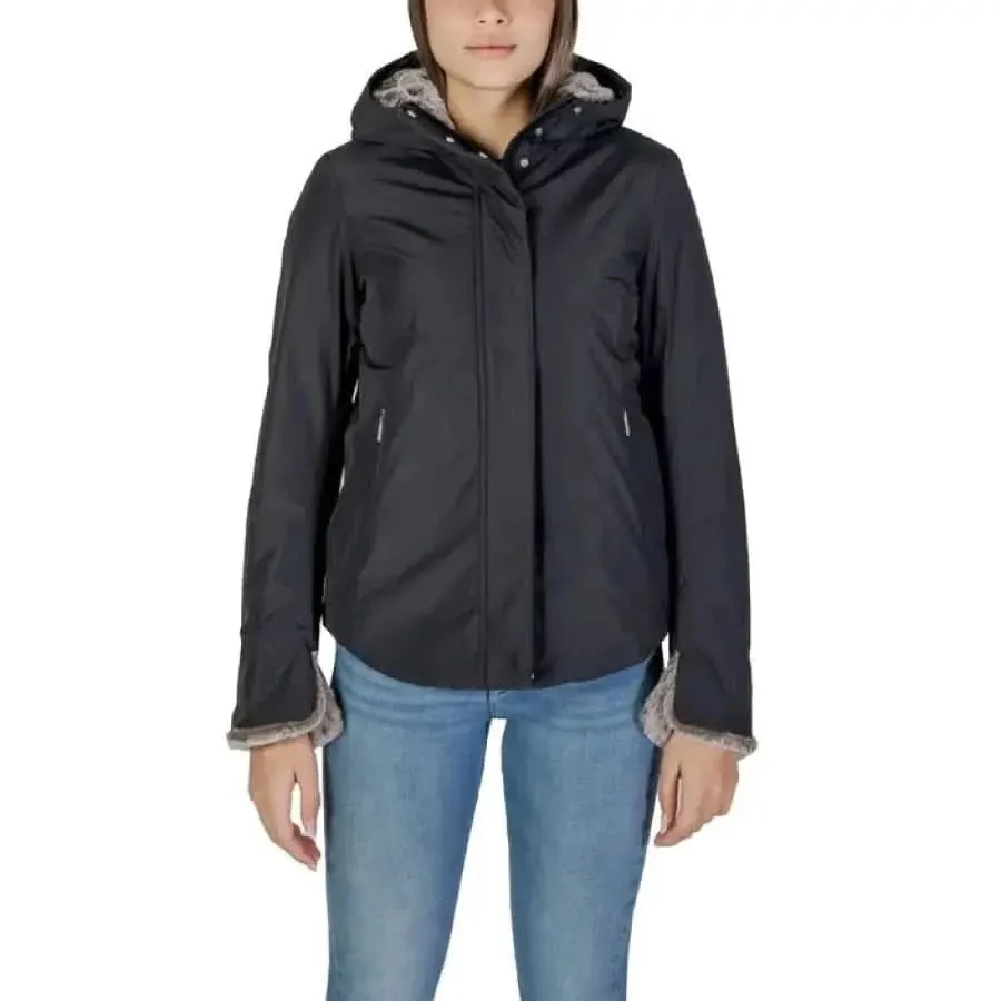 Beige Turtleneck Hooded Jacket with Zip and Front Pockets