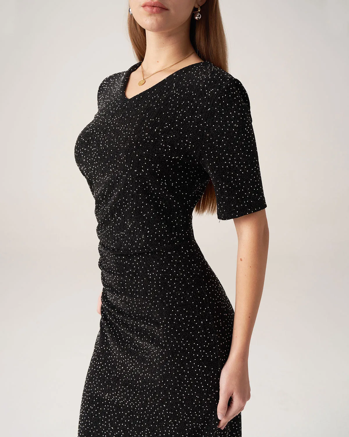 Bettydress-Black Polka Dot V-Neck Midi Dress