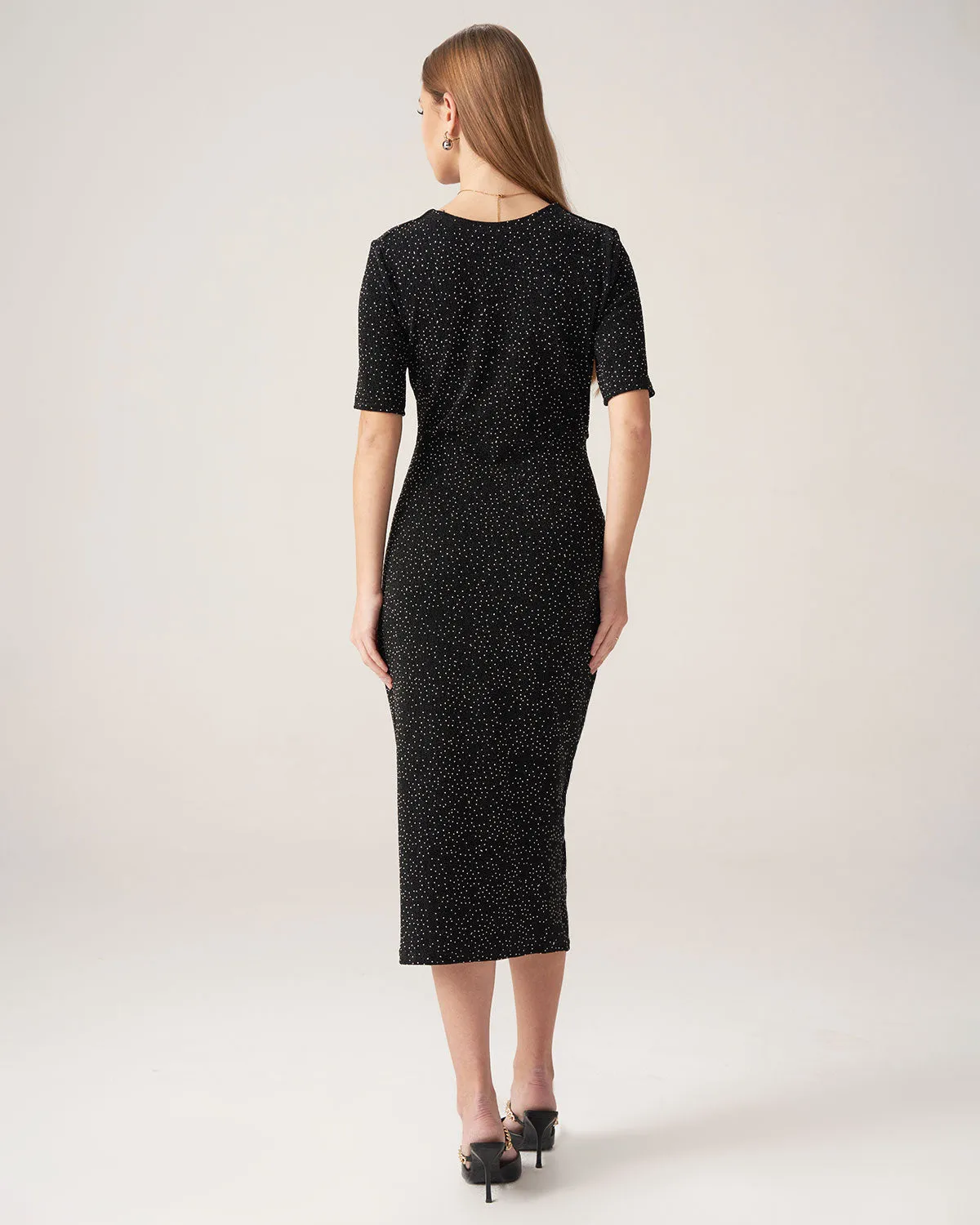 Bettydress-Black Polka Dot V-Neck Midi Dress