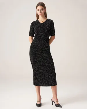 Bettydress-Black Polka Dot V-Neck Midi Dress