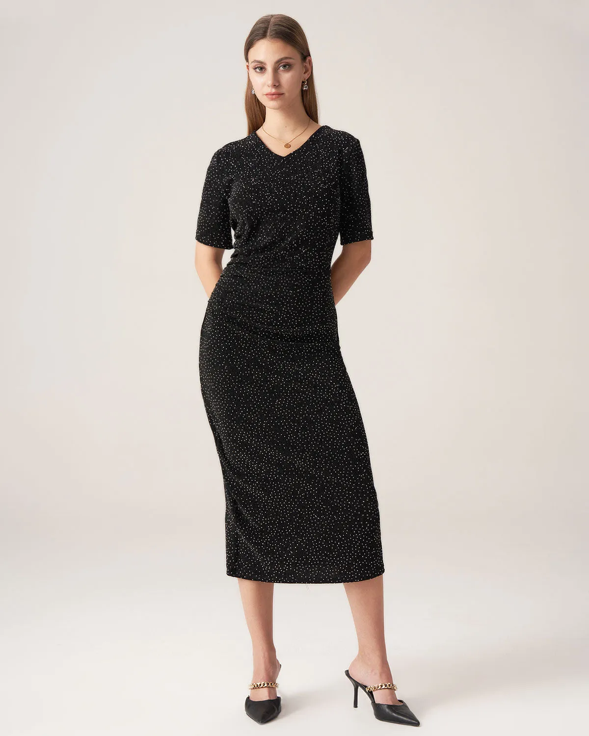 Bettydress-Black Polka Dot V-Neck Midi Dress