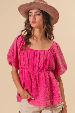 BiBi Pleated Puff Sleeve Washed Blouse for Elegant Style