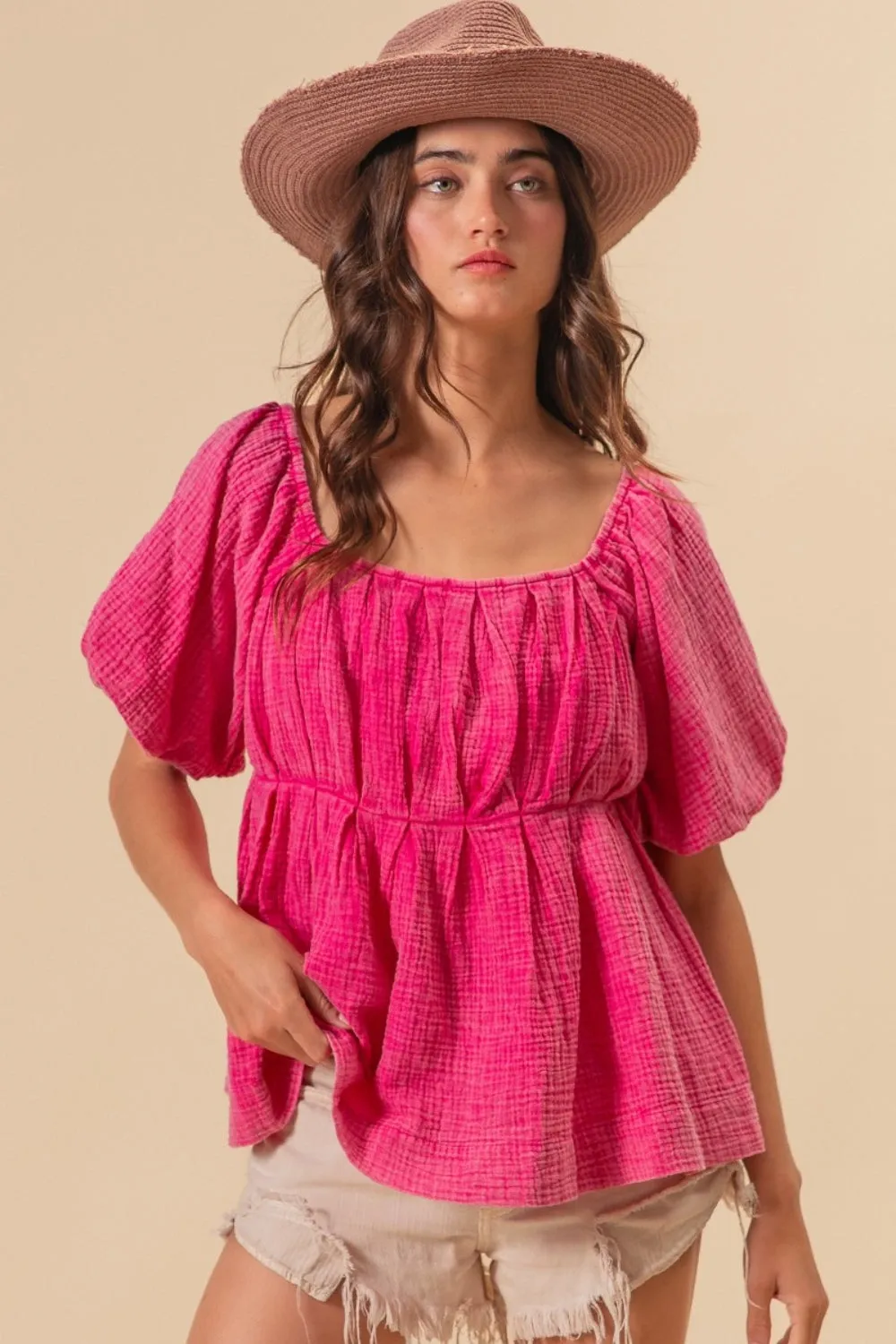 BiBi Pleated Puff Sleeve Washed Blouse for Elegant Style