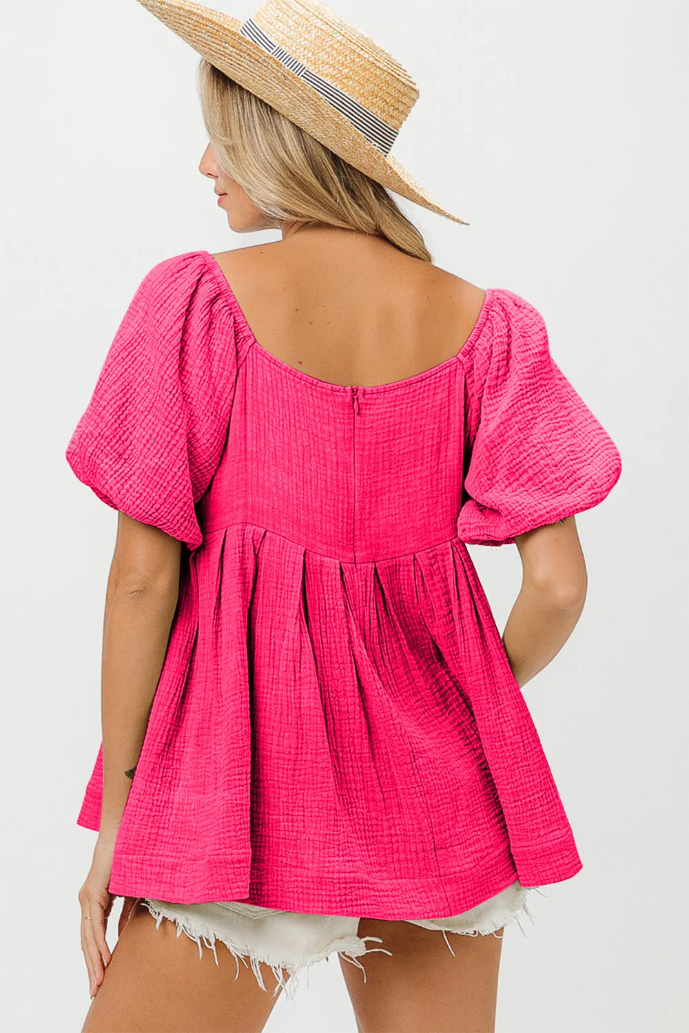 BiBi Pleated Puff Sleeve Washed Blouse for Elegant Style