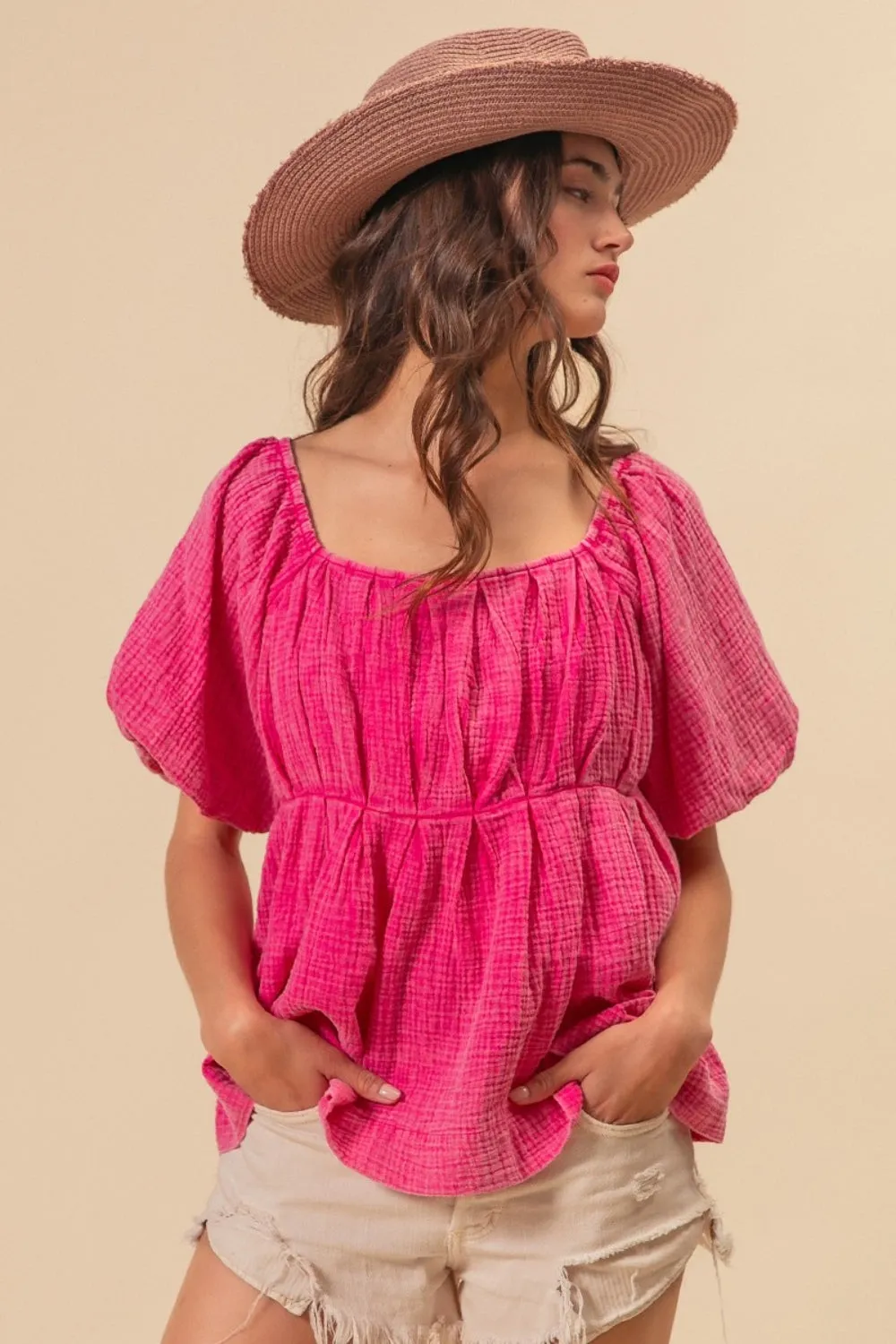 BiBi Pleated Puff Sleeve Washed Blouse for Elegant Style
