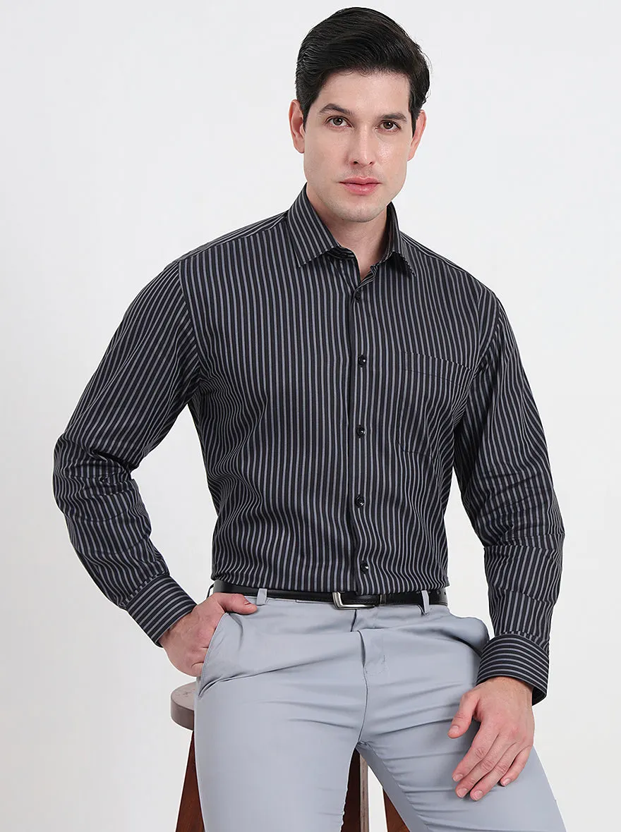 Black & Grey Striped Regular Fit Formal Shirt | JadeBlue