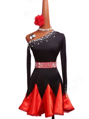 Black red Latin dance dresses for women girls kids slanted neck latin ballroom salsa rumba floral diamond dance skirt performance wear