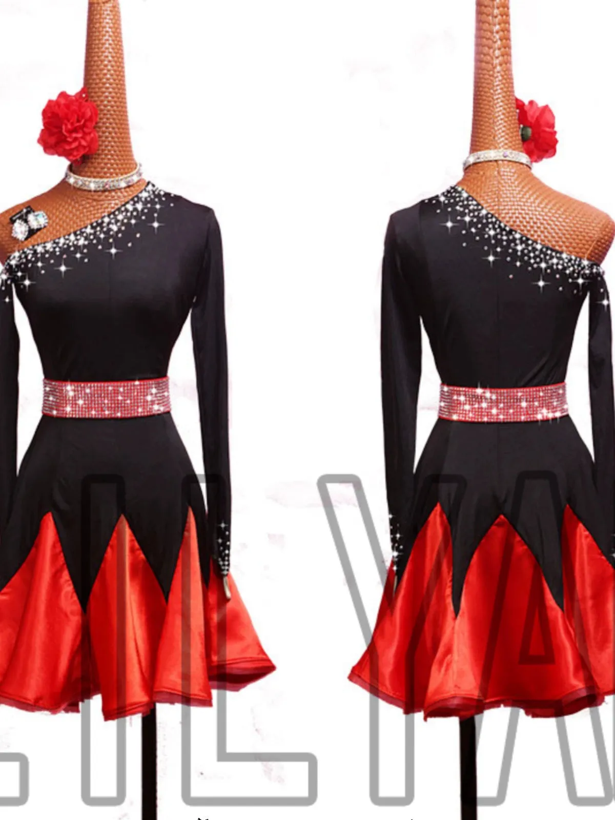 Black red Latin dance dresses for women girls kids slanted neck latin ballroom salsa rumba floral diamond dance skirt performance wear