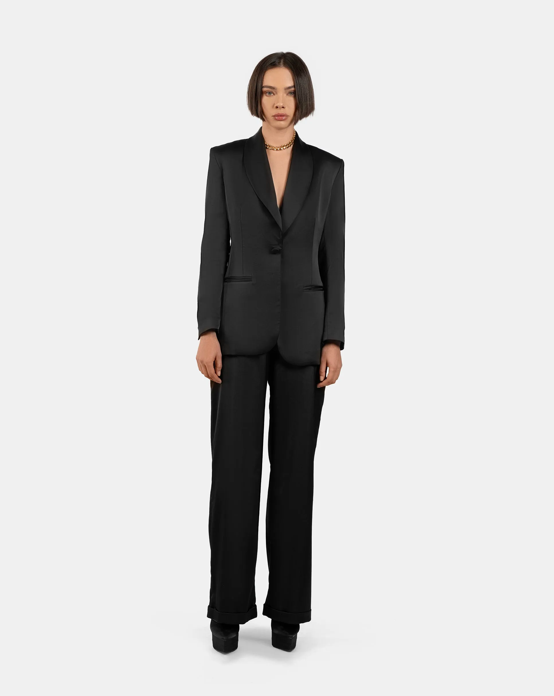 Black Satin Power Suit