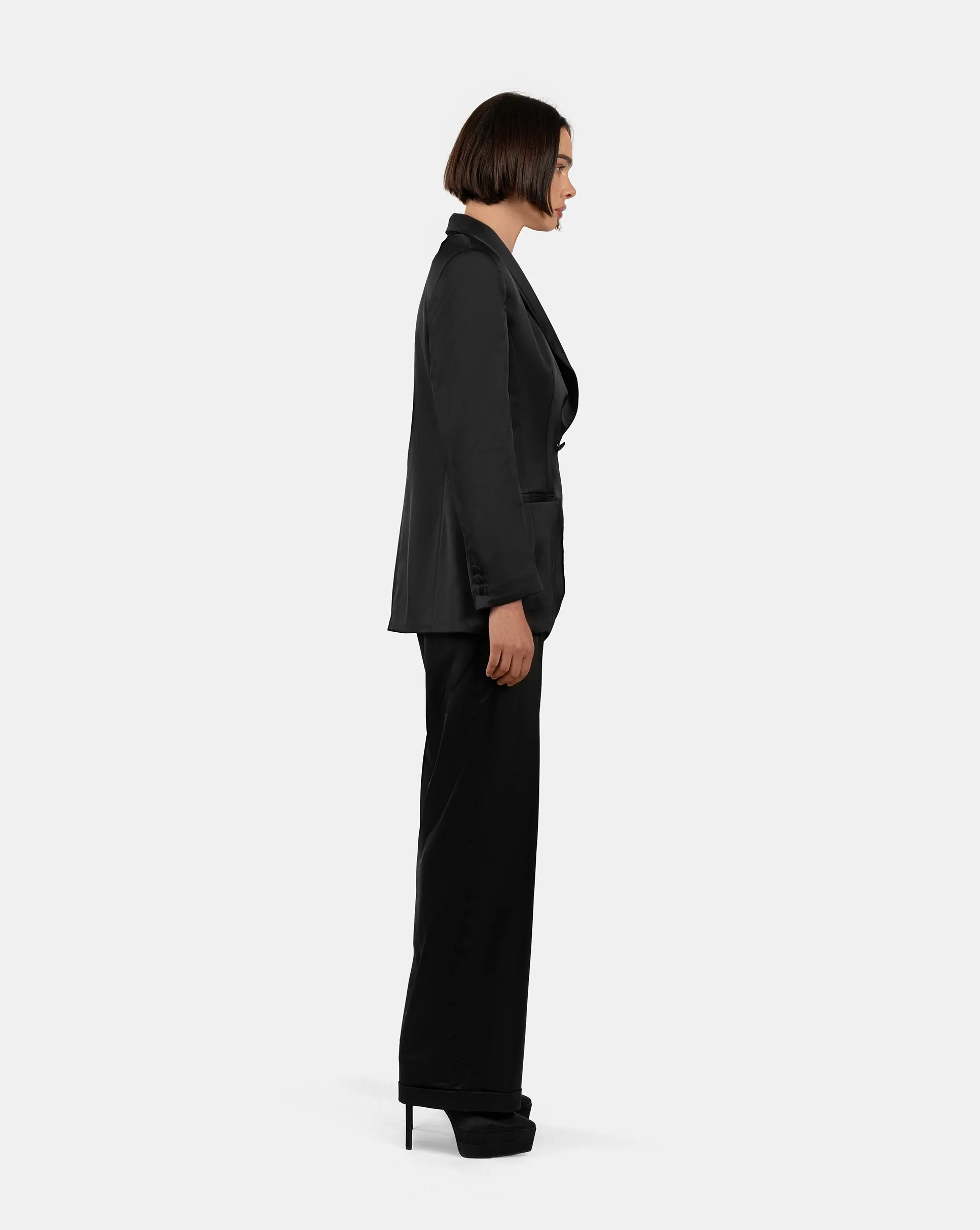 Black Satin Power Suit