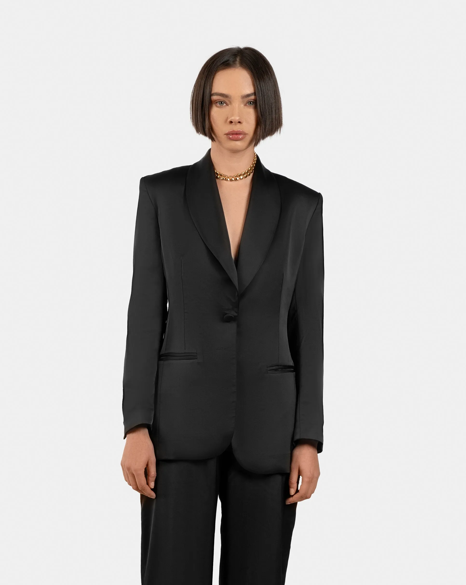 Black Satin Power Suit