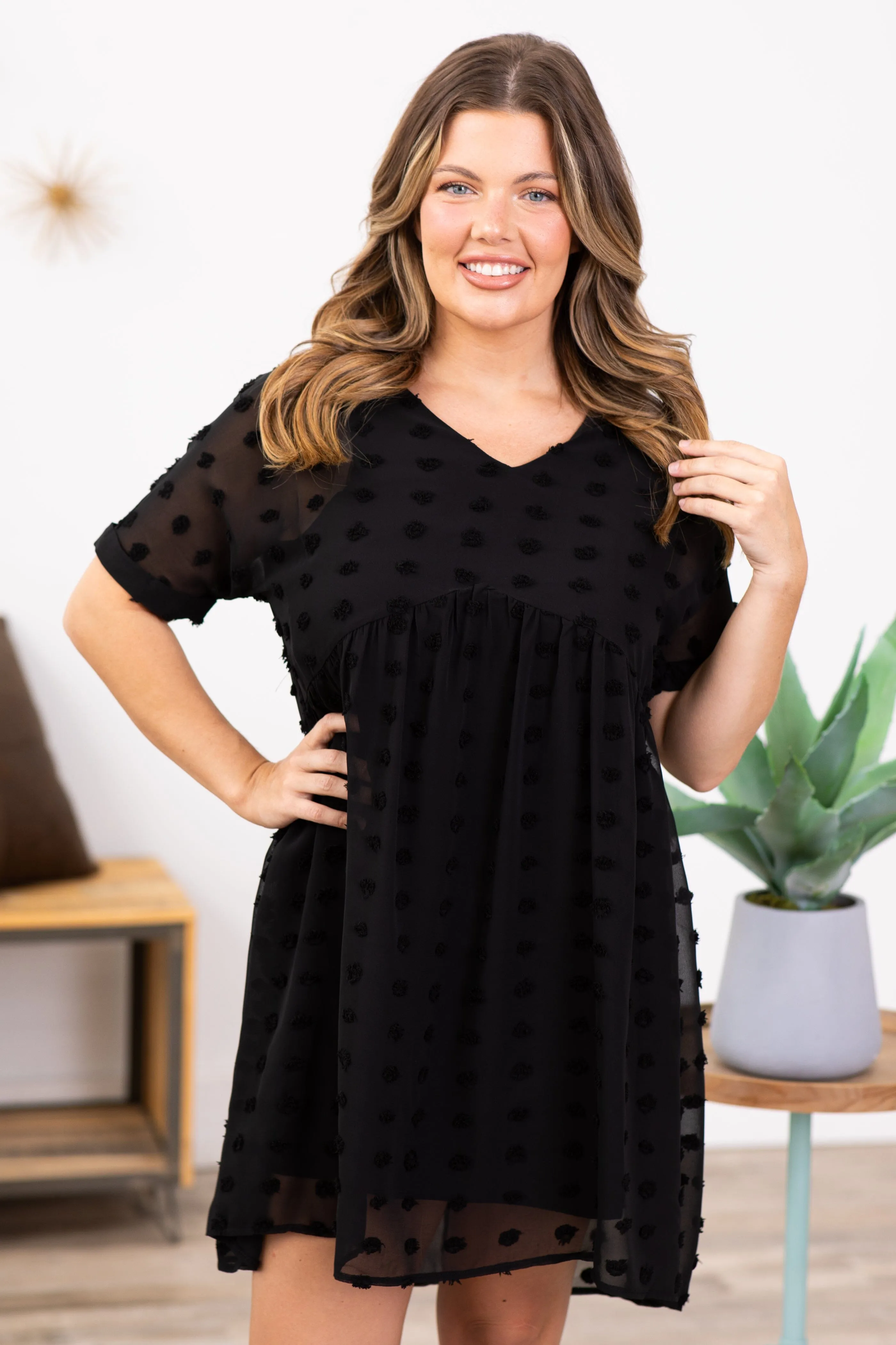 Black V-Neck Swiss Dot Babydoll Dress