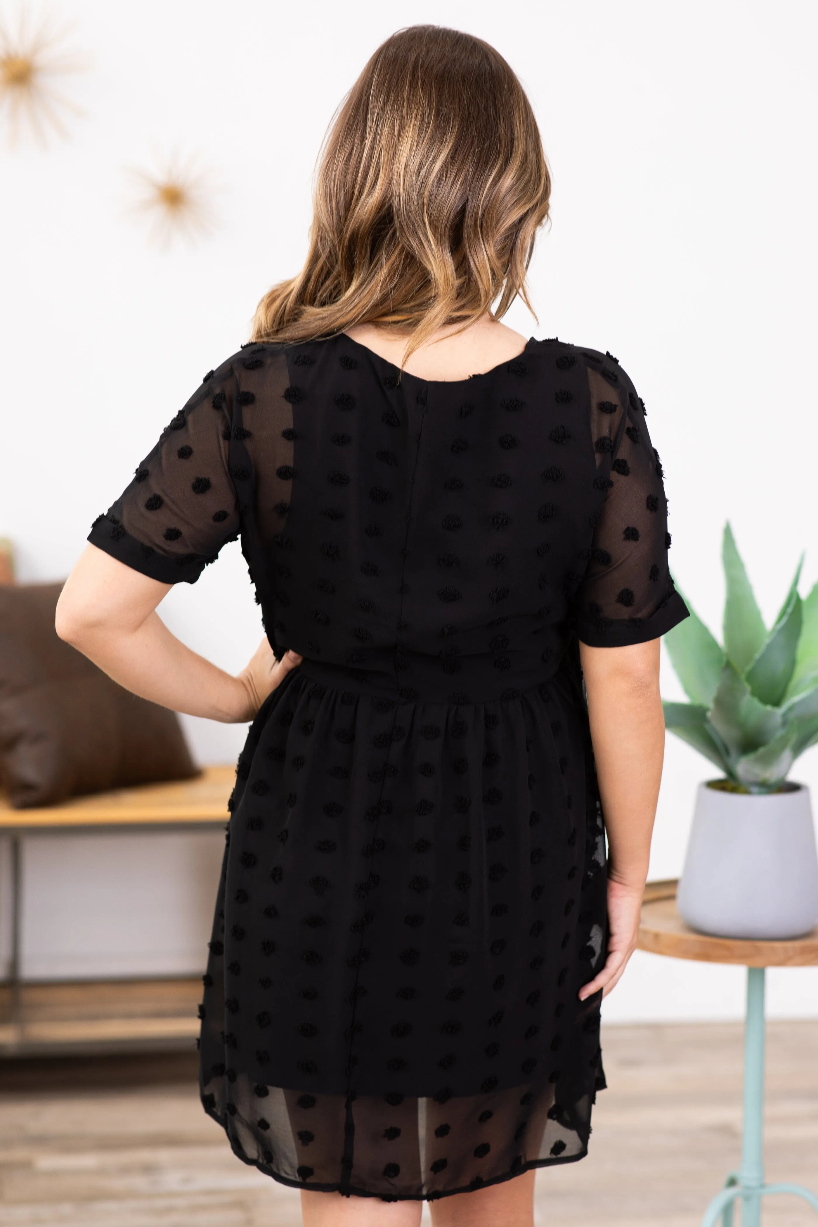 Black V-Neck Swiss Dot Babydoll Dress