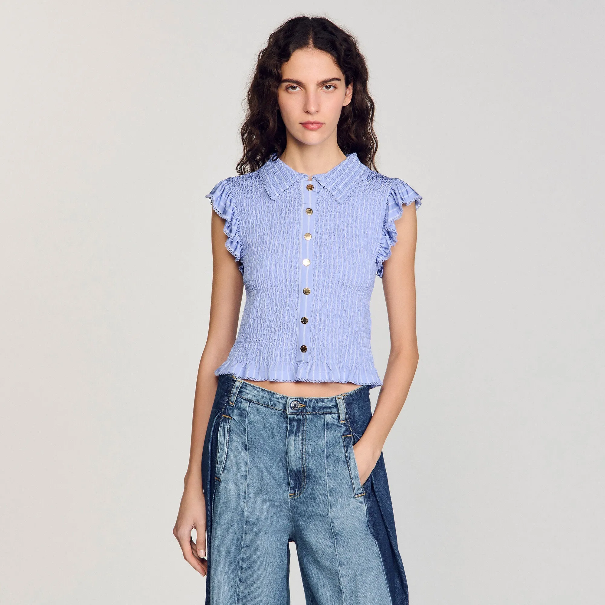 Bleuet Striped Smocked T-Shirt Sky Blue