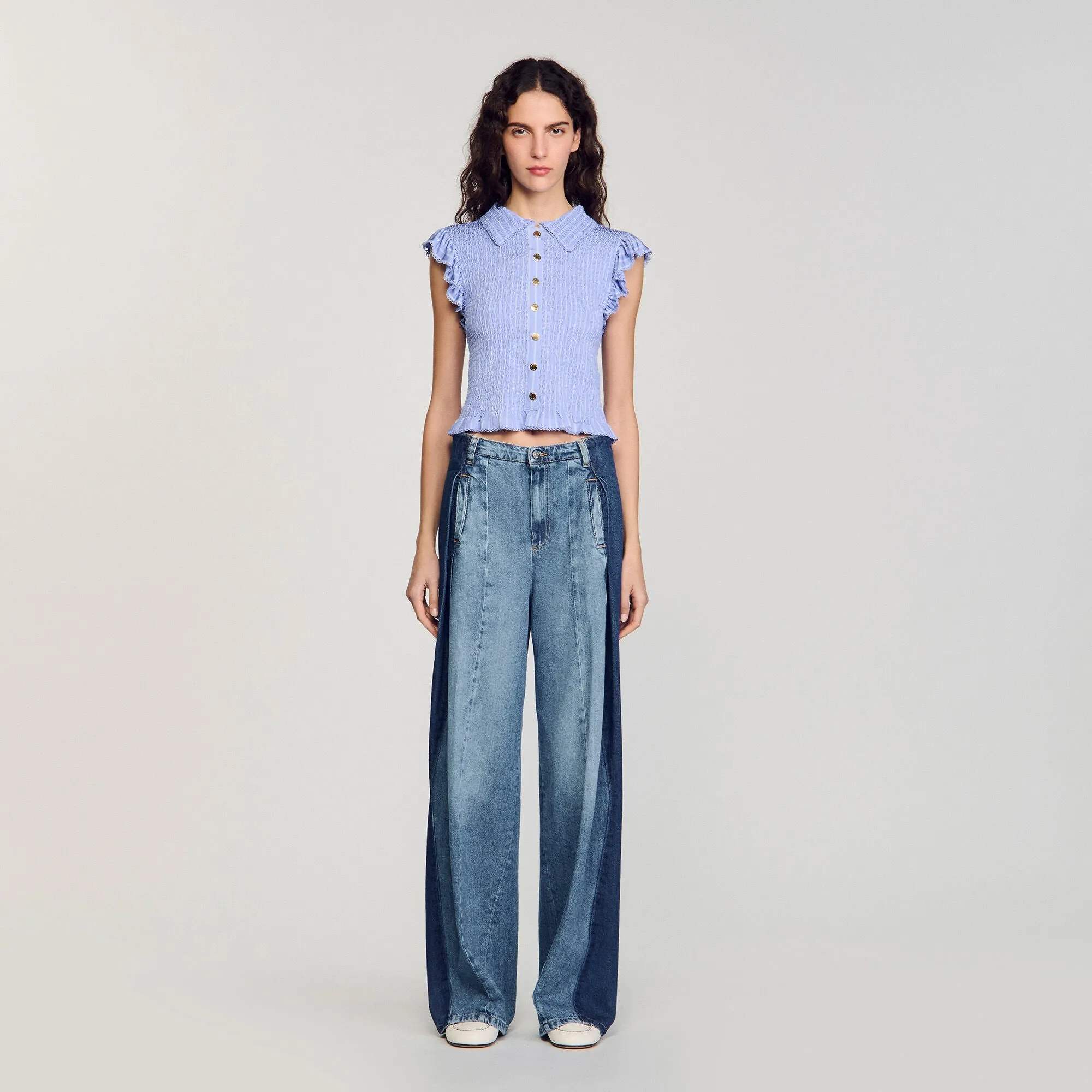 Bleuet Striped Smocked T-Shirt Sky Blue