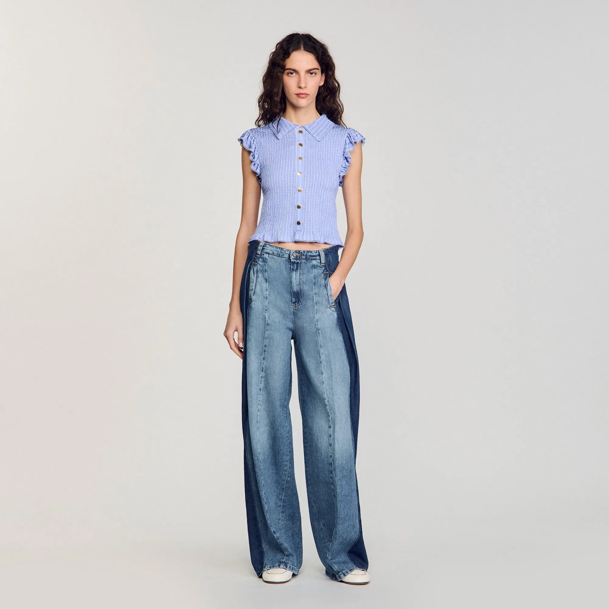 Bleuet Striped Smocked T-Shirt Sky Blue