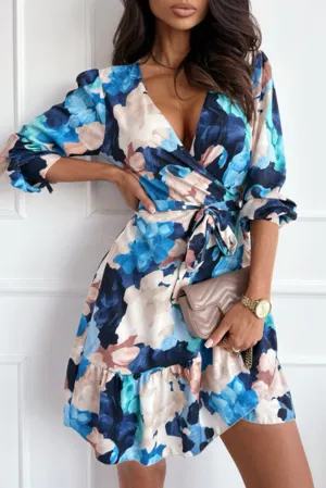 Blue Abstract Floral Long Sleeve Tied Ruffle Dress