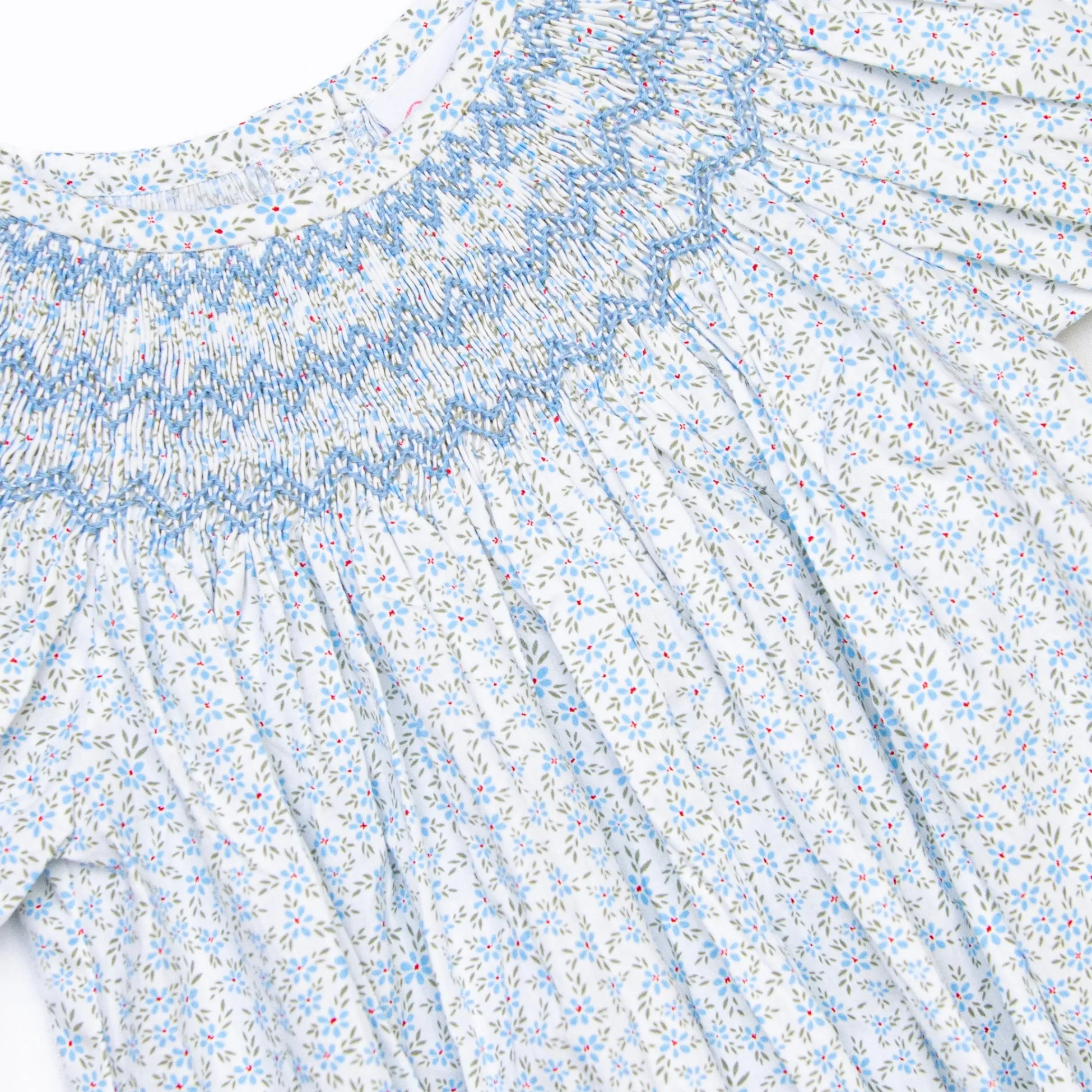Blue Blooms Puff Sleeve Smocked Dress, White