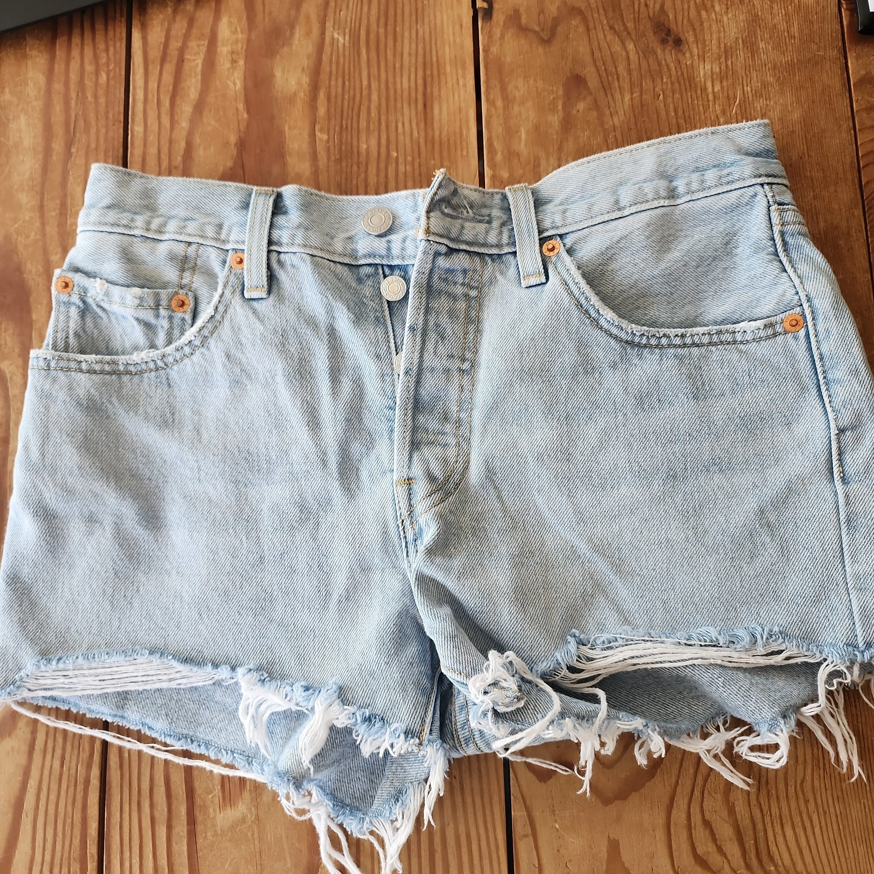Blue Denim Cut off Shorts by Levis 501 Button Fly w/Light Wash / S