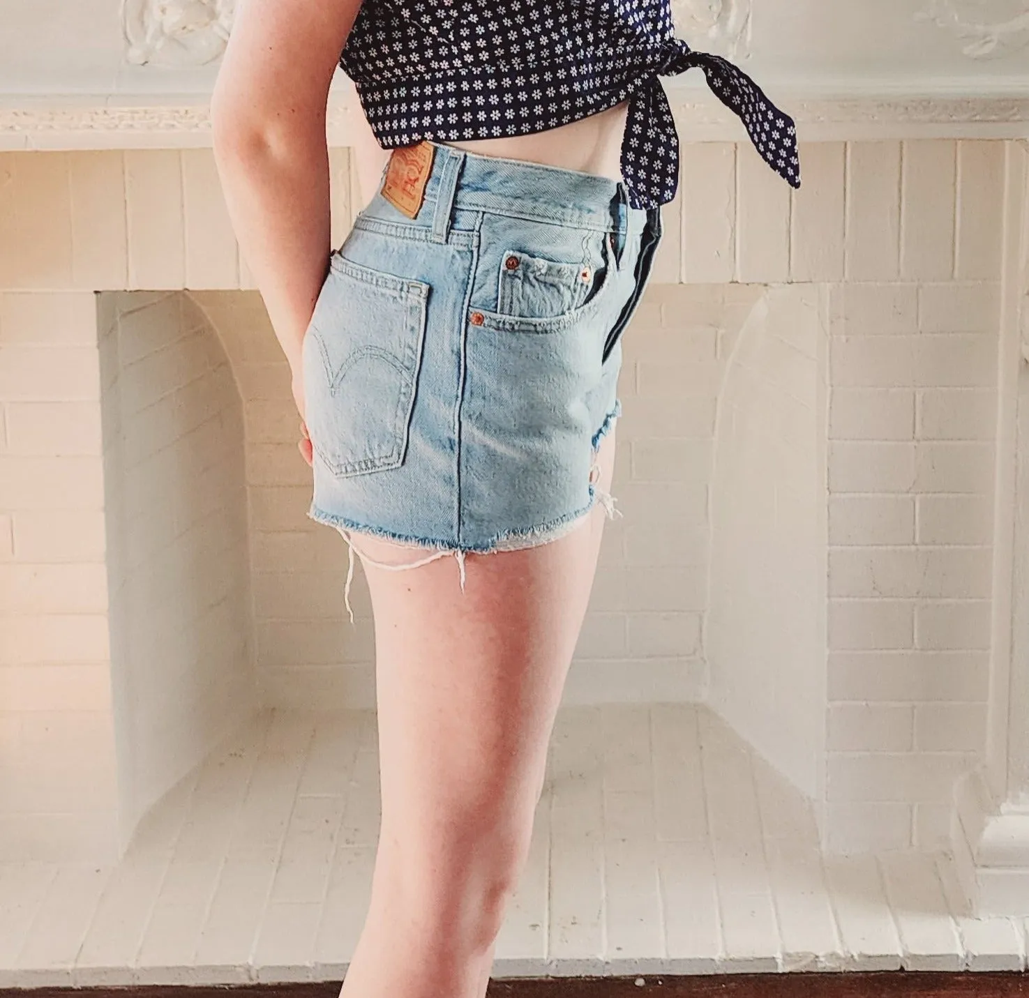 Blue Denim Cut off Shorts by Levis 501 Button Fly w/Light Wash / S