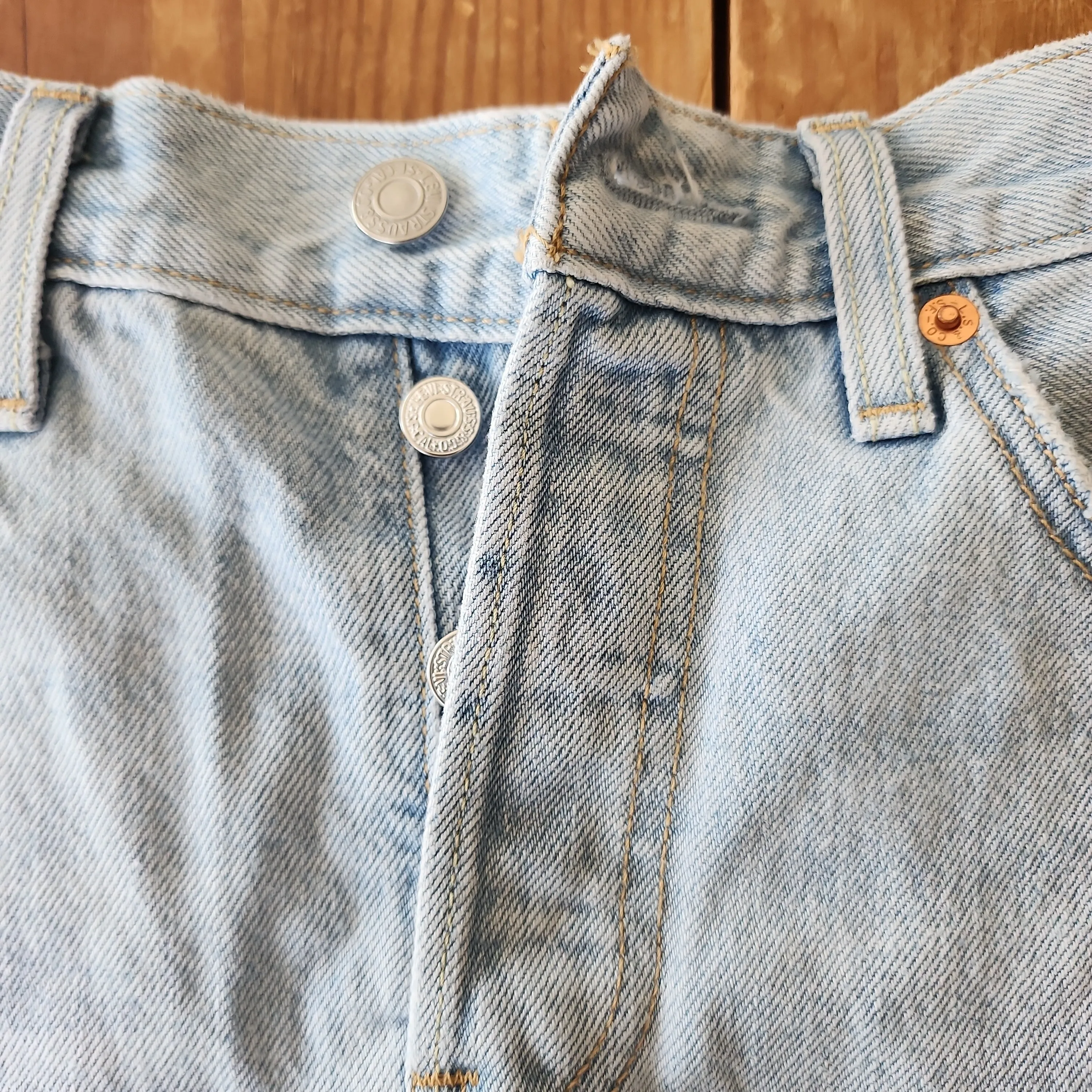 Blue Denim Cut off Shorts by Levis 501 Button Fly w/Light Wash / S
