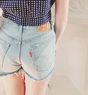 Blue Denim Cut off Shorts by Levis 501 Button Fly w/Light Wash / S