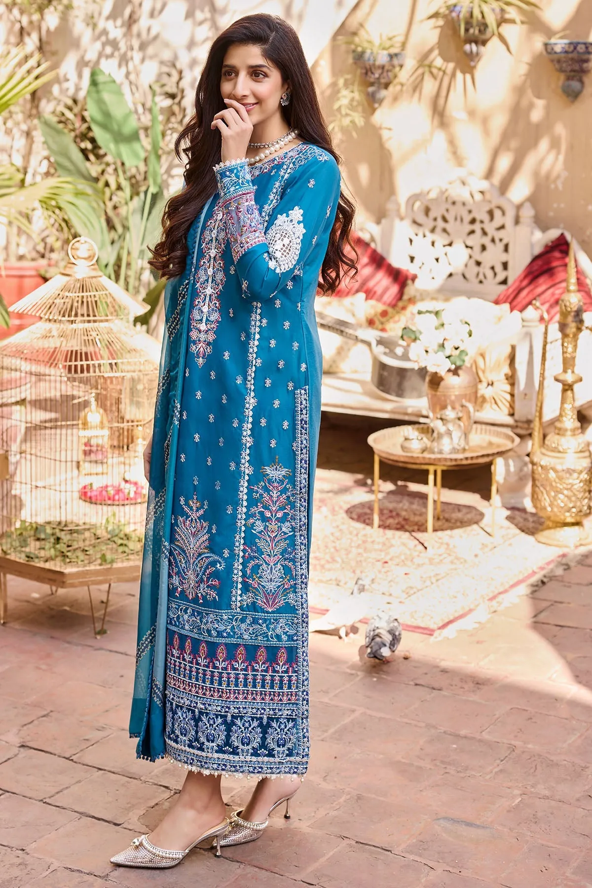 Blue Embroidered Pakistani Long Kameez in Capri Style Eid Dress