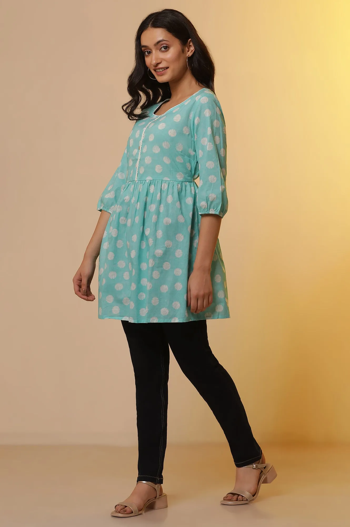 Blue Polka Dot Cotton Short Kurti and Denim Jeggings Set
