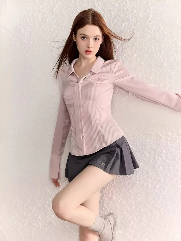 Blush Satin Striped Blouse