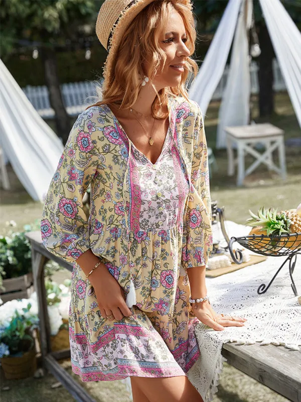 Bohemian Floral Print Dress with V-Neck and Tiered Skirt