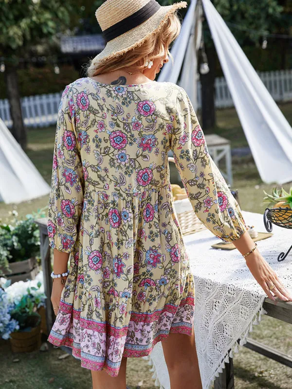 Bohemian Floral Print Dress with V-Neck and Tiered Skirt