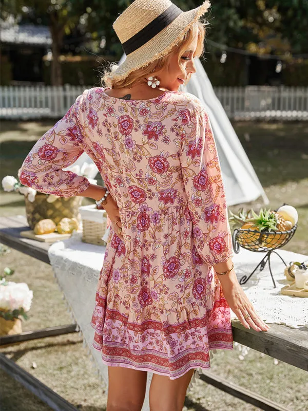 Bohemian Floral Print Dress with V-Neck and Tiered Skirt