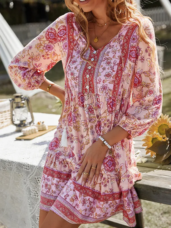 Bohemian Floral Print Dress with V-Neck and Tiered Skirt