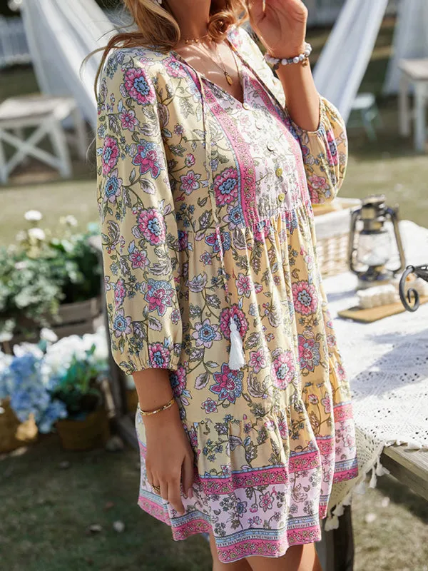 Bohemian Floral Print Dress with V-Neck and Tiered Skirt