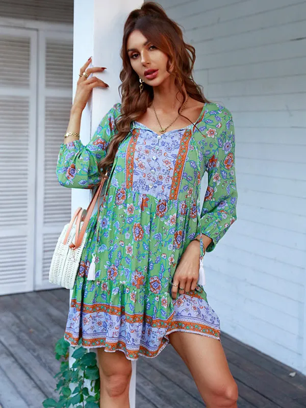 Bohemian Floral Print Dress with V-Neck and Tiered Skirt
