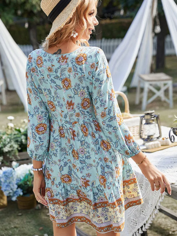 Bohemian Floral Print Dress with V-Neck and Tiered Skirt