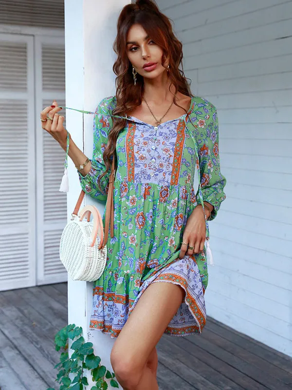 Bohemian Floral Print Dress with V-Neck and Tiered Skirt
