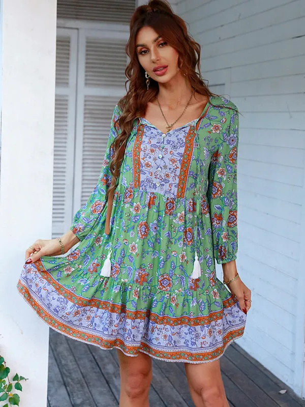 Bohemian Floral Print Dress with V-Neck and Tiered Skirt