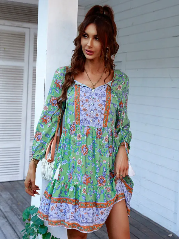 Bohemian Floral Print Dress with V-Neck and Tiered Skirt