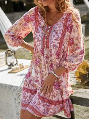 Bohemian Floral Print Dress with V-Neck and Tiered Skirt
