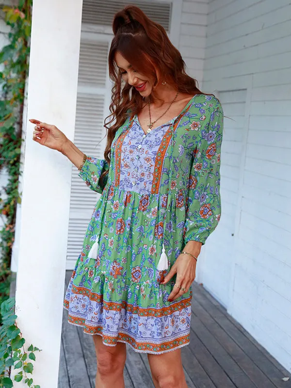 Bohemian Floral Print Dress with V-Neck and Tiered Skirt