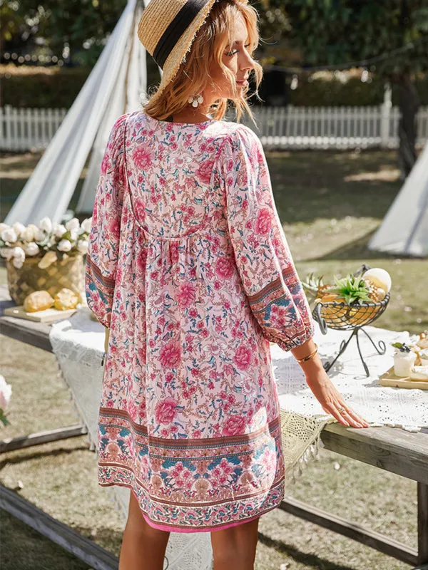 Bohemian Floral Print Mini Dress with V-Neck and Long Sleeves