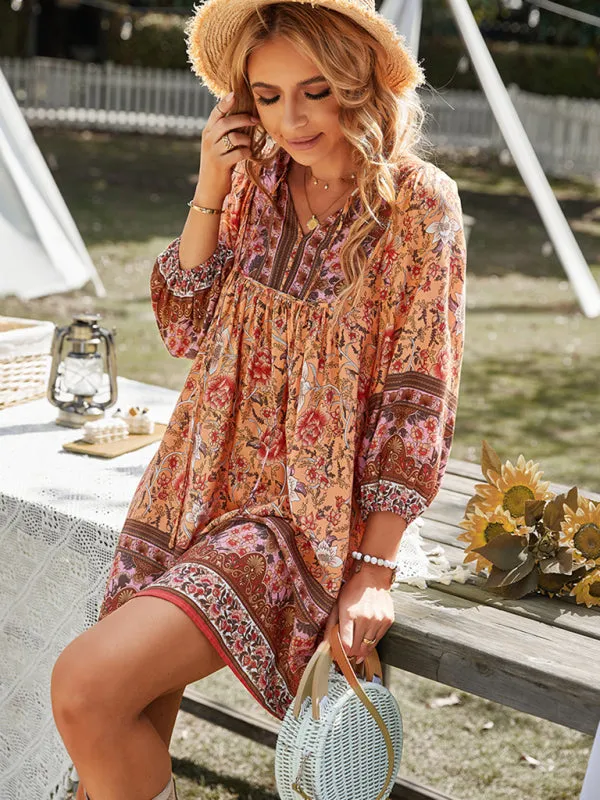 Bohemian Floral Print Mini Dress with V-Neck and Long Sleeves