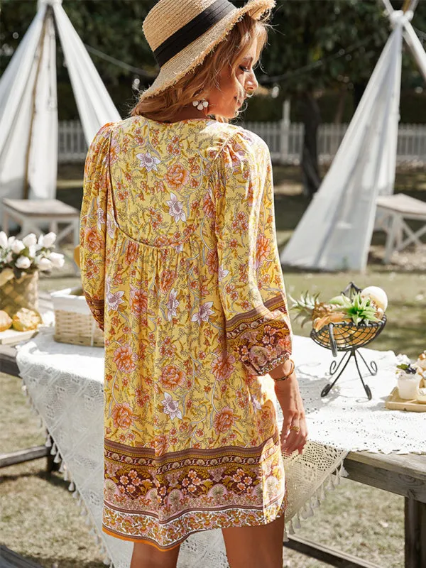 Bohemian Floral Print Mini Dress with V-Neck and Long Sleeves