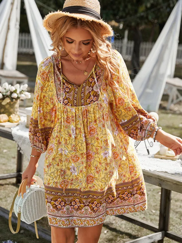 Bohemian Floral Print Mini Dress with V-Neck and Long Sleeves
