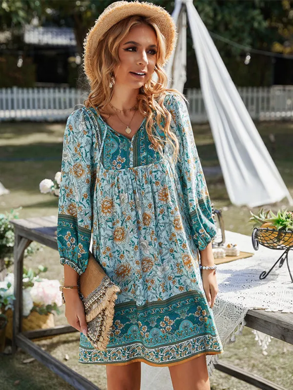 Bohemian Floral Print Mini Dress with V-Neck and Long Sleeves