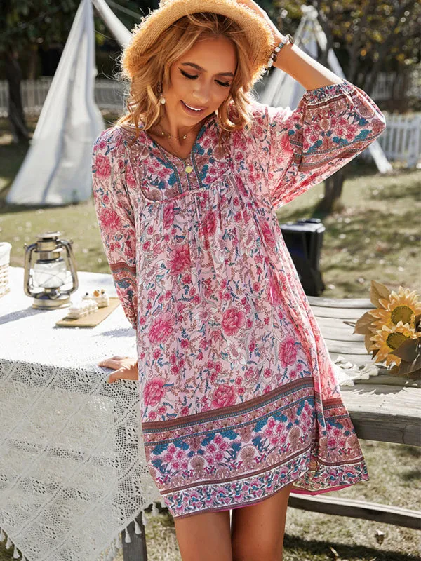 Bohemian Floral Print Mini Dress with V-Neck and Long Sleeves
